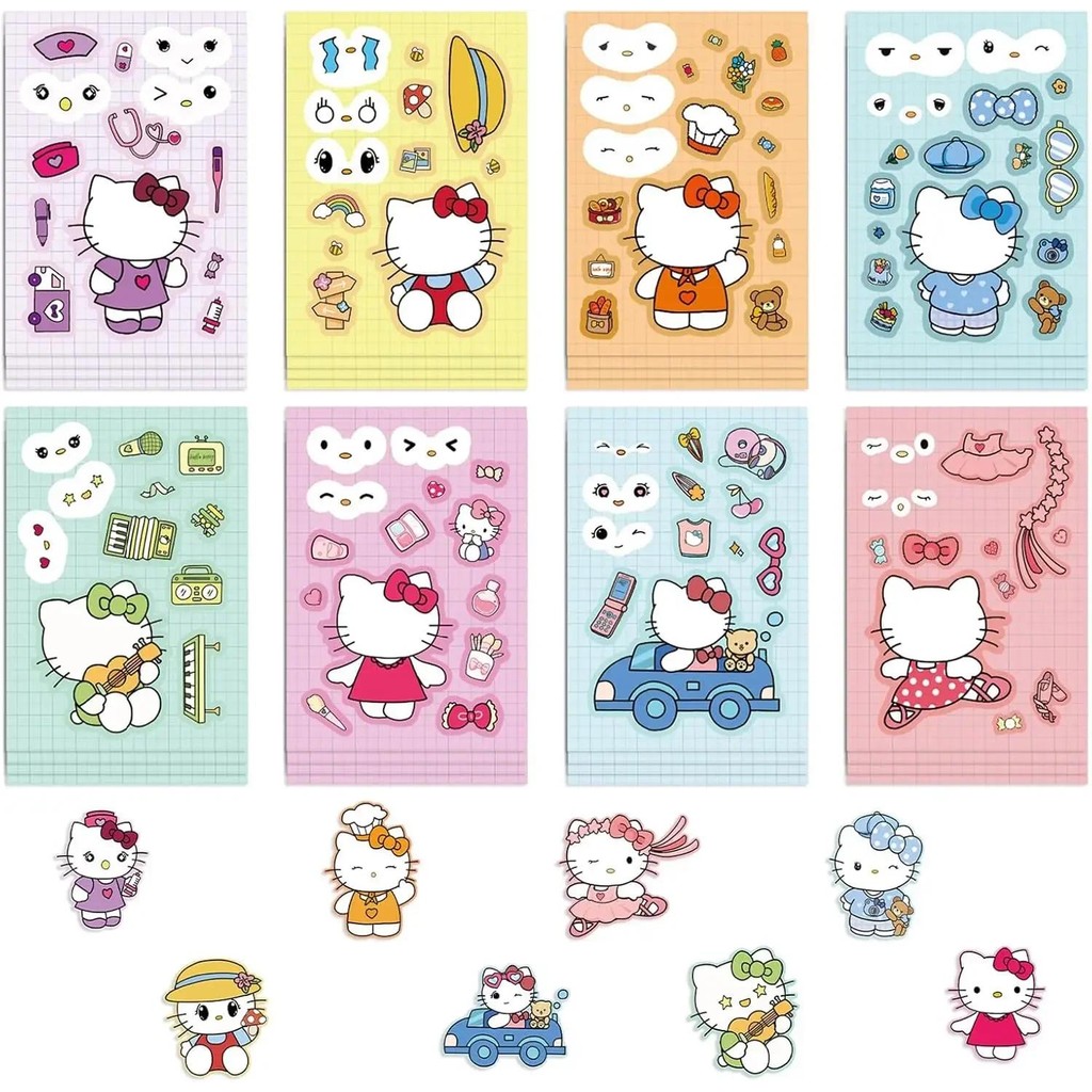 

8/16Sheets Sanrio Puzzle Stickers Hello Kitty Make a Face Decals Kids Create Your Own Children Assemble Jigsaw Toys Party Gift