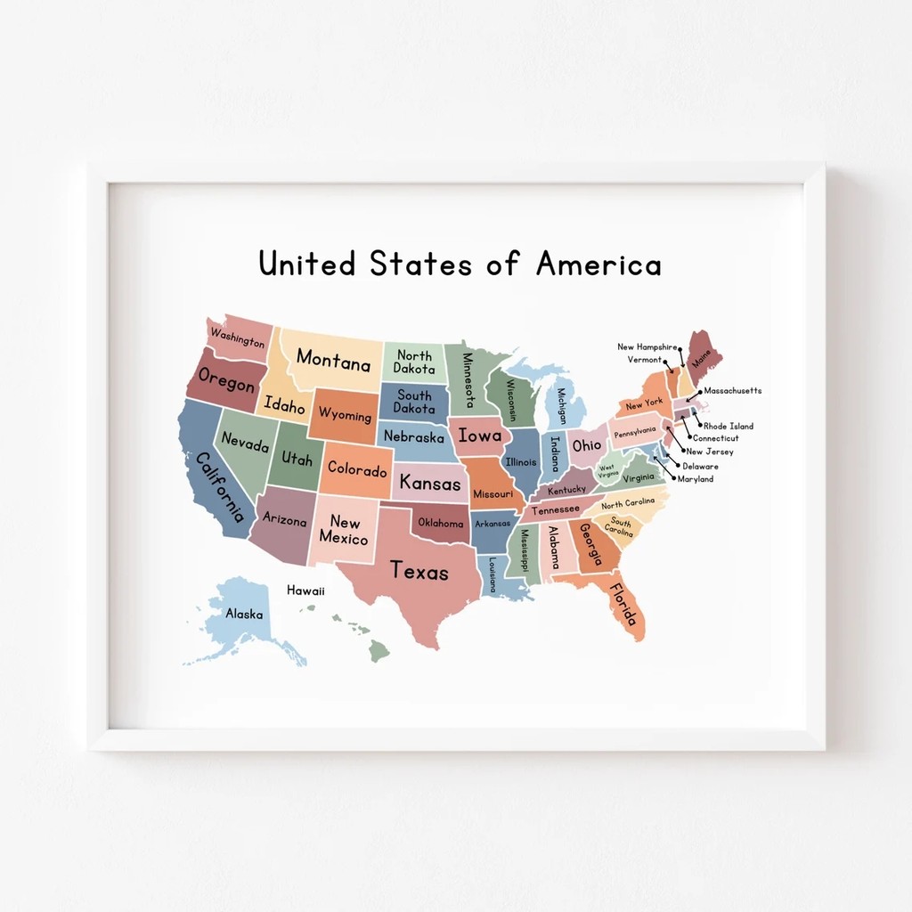 

United States Map Educational Poster Classroom Kid Wall Art Homeschool Pre-School Montessori Playroom Wall Decor Canvas Painting