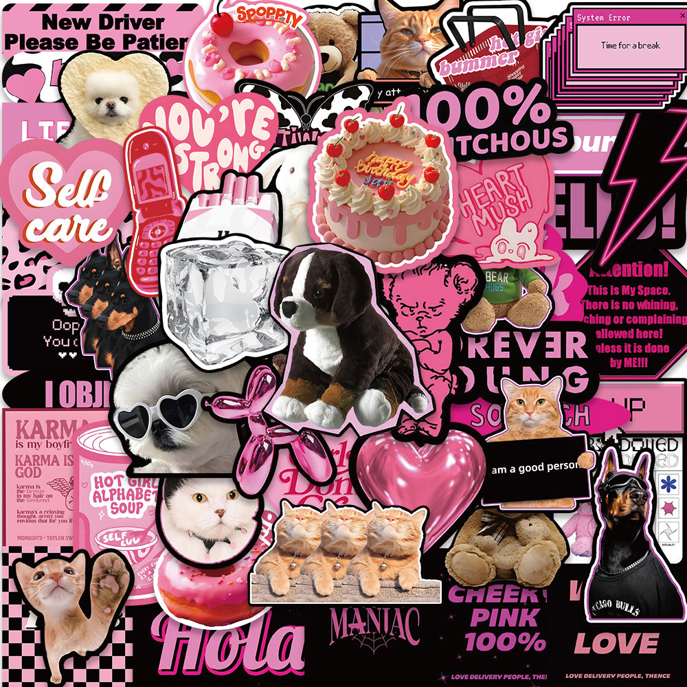 

55PCS Ins 3D Sweet Black Pink Y2K Girls Stickers Aesthetic Graffiti Decoration DIY Skateboard Phone Fridge Bike Cute Decals Toys