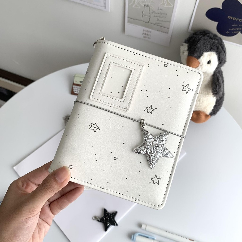 

Milky white star mini notebook m5 soft leather photo album binder notepad portable pocket diary