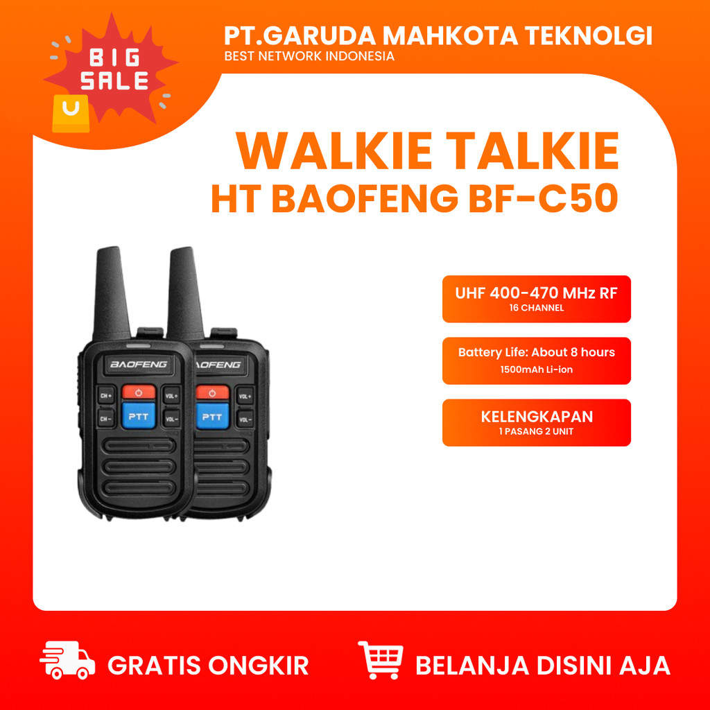 HT Walkie Talkie HT Baofeng BF-C50 2 Unit 1 Pasang Singleband UHF 16 Channel 1 PASANG 2 UNIT