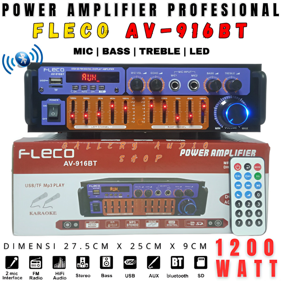 NEW DUO MIC PAKET AMPLIFIER+MIC2 Power Amplifier Bluetooth FLECO AV-916BT 1200W Amplifier