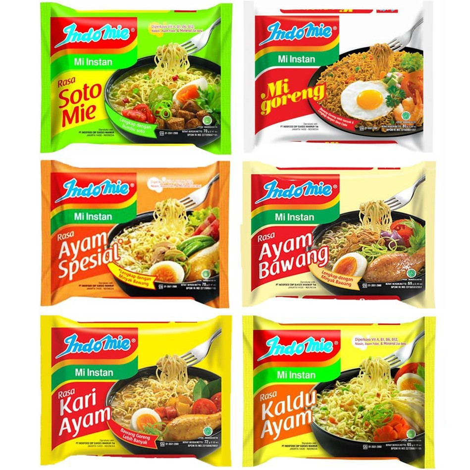 

indofood Indomie Mie Instan / Indomie Goreng / Indomi Kuah / Indomie Soto / Indomie Ayam Bawang / Indomie Kari Ayam