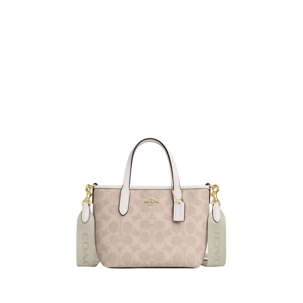 COACH City Mini Tote Bag In Signature Canvas Gold Sand Chalk