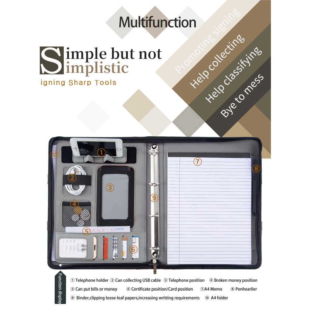 

A4 Document Folder Organizer PU Leather Zipper Ring Binder Padfolio Conference Business Portfolio with Handle