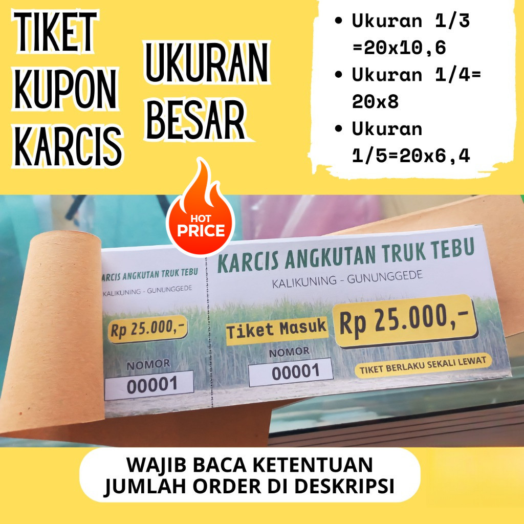 

Karcis Parkir Retribusi Tiket Wisata Kupon Hadiah dengan nomor/Numerator ukuran besar 1/3 ,1/4, 1/5