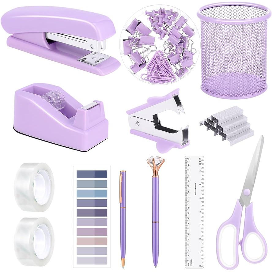 

13pcs Purple Office Supplies Set Stapler and Tape Dispenser Desk Accessories for Women Tape Dispenser Staple Pen Holder Scissor