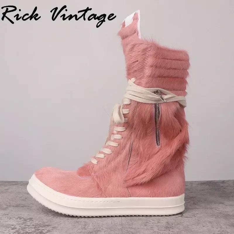 Rick Vintage Street Motorcycle Boots High Top Pink Horse Hair Pocket Zipper Boots Women Genuine Leat