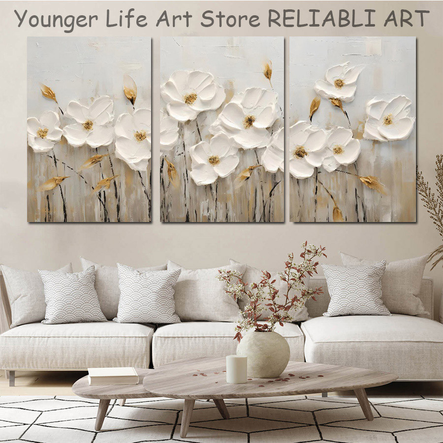 

3 Panels White Flower Poster and Prints, Oil Painting Canvas Painting Wall Art Pictures for Living Room Home Decor No Frame