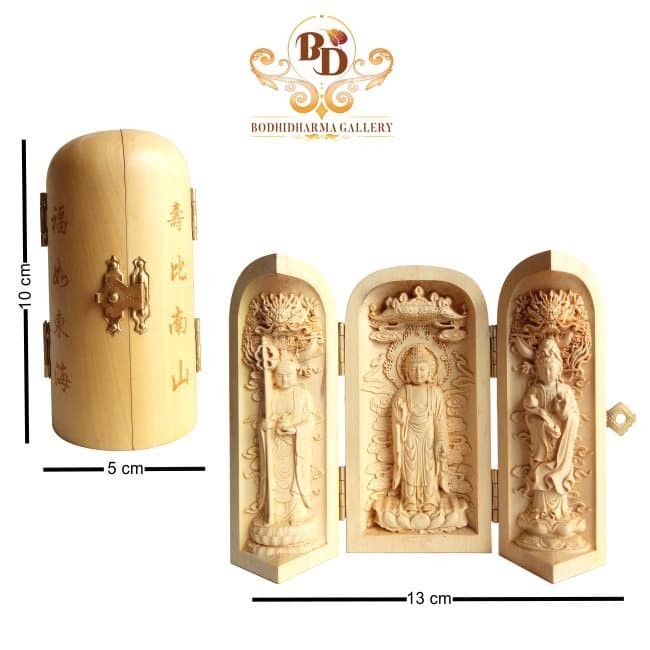 Patung Kayu 3 in 1 Buddha Amitabha & Avalokitesvara & Ksitigarbha