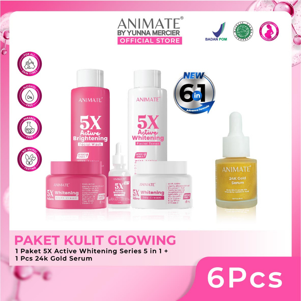 Paket Kulit Glowing All Skin (Animate 5x Active Whitening Series 5in1 + 24K Gold Serum)