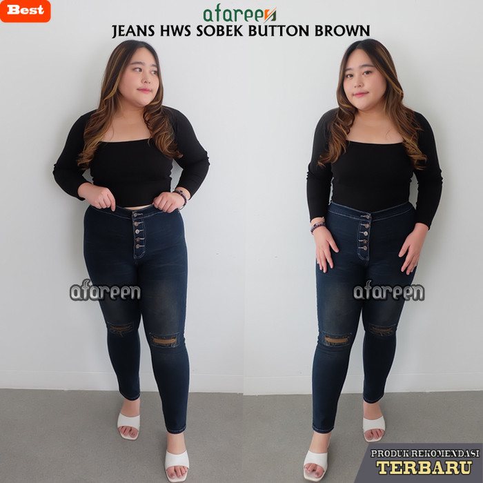 celana jeans wanita kekinian HW jeans wanita button sobek tidak tembus jeans high waist jumbo - Brow