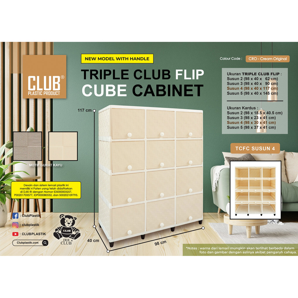 Lemari plastik Club Flip Triple Susun 4 | Lemari Serbaguna 12 Pintu | Lemari Pakaian | Rak plastik