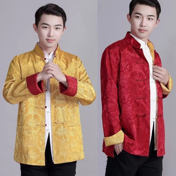 BEST SELLER Promo Cheongsam Pria Lengan Panjang Model Bolak Balik - Merah Gold, XXL