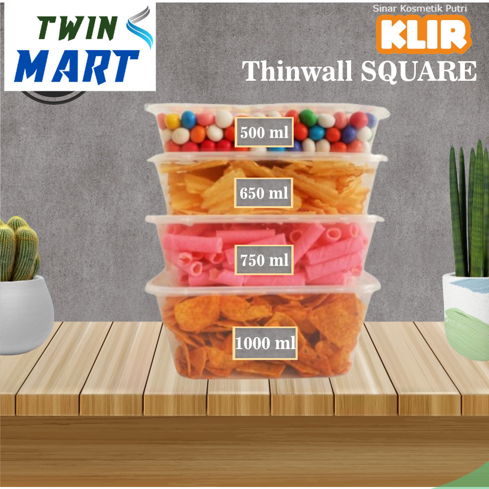 

Thinwall KLIR Square / Thinwall KLIR Kotak / Kotak makan Plastik / packing Makanan / Ukuran 350ml, 500ml, 750ml, 1000ml, 1500ml, 3000ml