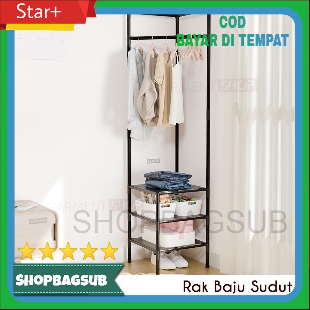 Rak Gantungan Baju Sudut Ruangan Stand Hanger Pakaian 2 3 Susun Rack Sepatu Dan Tas Portable Lemari