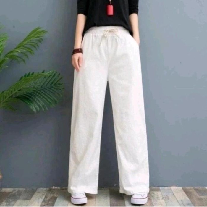 Celana Kulot Wanita Terkini Katun Linen Rami Long stretch Adara COD - White, All Size