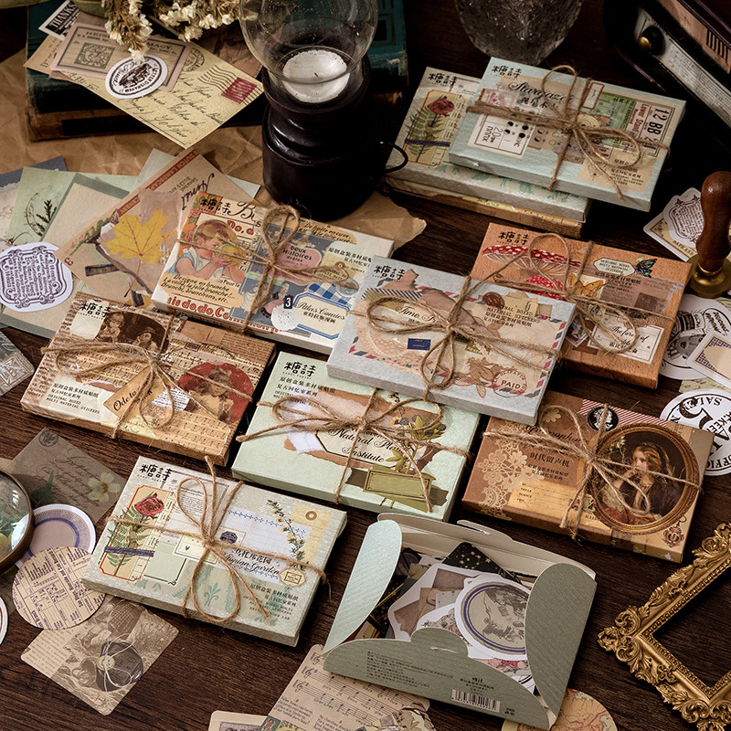 

Journamm 60pcs/boxed Vintage Boxed Stickers for Scrapbooking Junk Journal School Supplies Creative Stationery DIY Deco Stickers