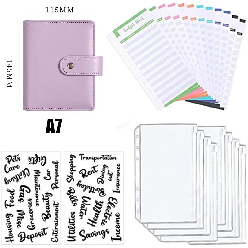 

2023 New PU Leather Notebook A7 Binder DIY Planner Organizer 6 Zipper Pockets 12Pcs Budget Sheet 2Pcs French Alphabet Stickers
