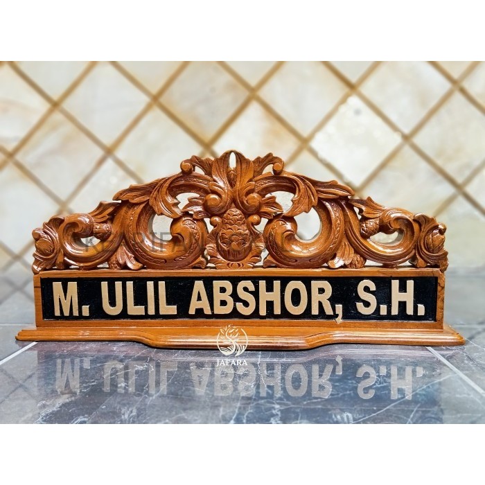 

papan nama meja jabatan ukir kayu jati custom logo yermurah KF3421