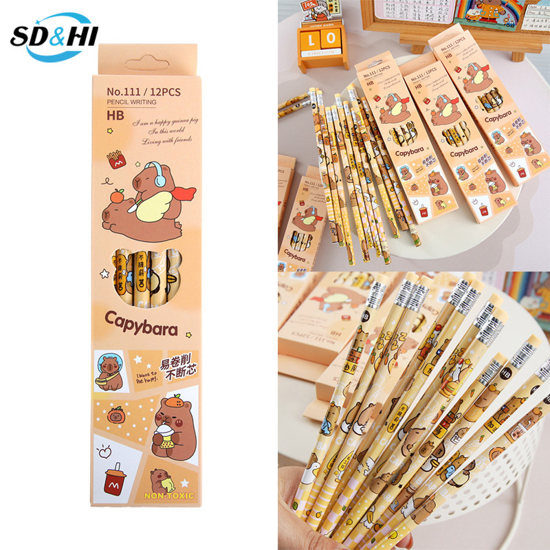 

12Pcs Cartoon Capybara Pencil With Eraser Creative Kawaii Pencil Office Supplies Student Stationery Student Gift