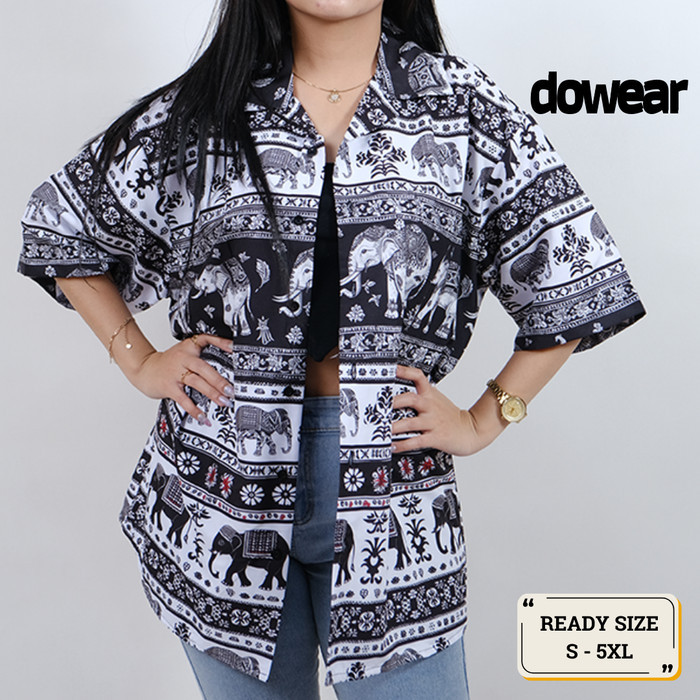 Hem Baju Kemeja Motif Laki Laki Perempuan Full Print Printing Kemeja Vintage GAJAH THAILAND 905  4XL