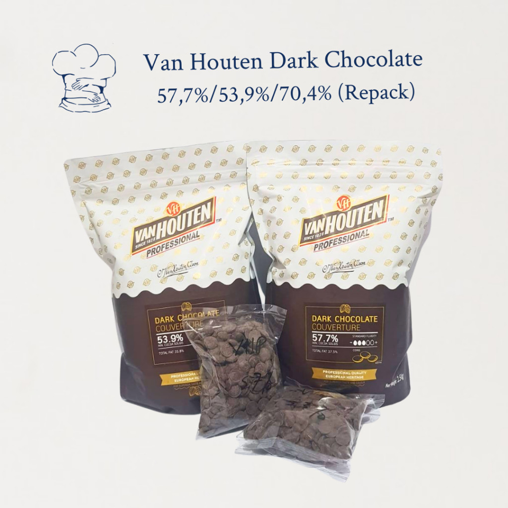 

Van Houten Dark Chocolate Couverture 53,9%/57,7%/70,4%, 250gr/1,5kg (Kemasan Asli) - Coklat Premium
