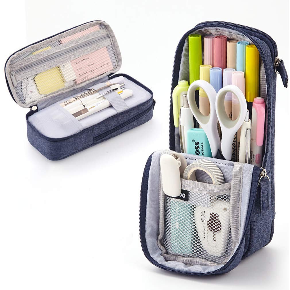 

Large Capacity Navy Blue Pencil Case with Double Zipper, Multi-Functional Stationery Organizer for Office, School, and Travel, D