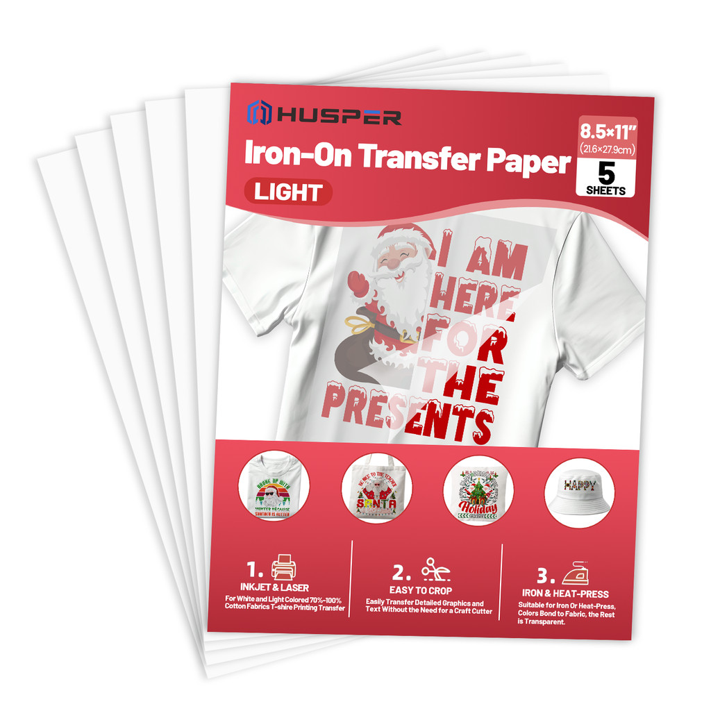 

5 Sheets Letter Size Iron-On Transfer Paper 8.5X11 Inch for Light Color Fabrics Inkjet & Laser Printable Drawing Transfer Paper