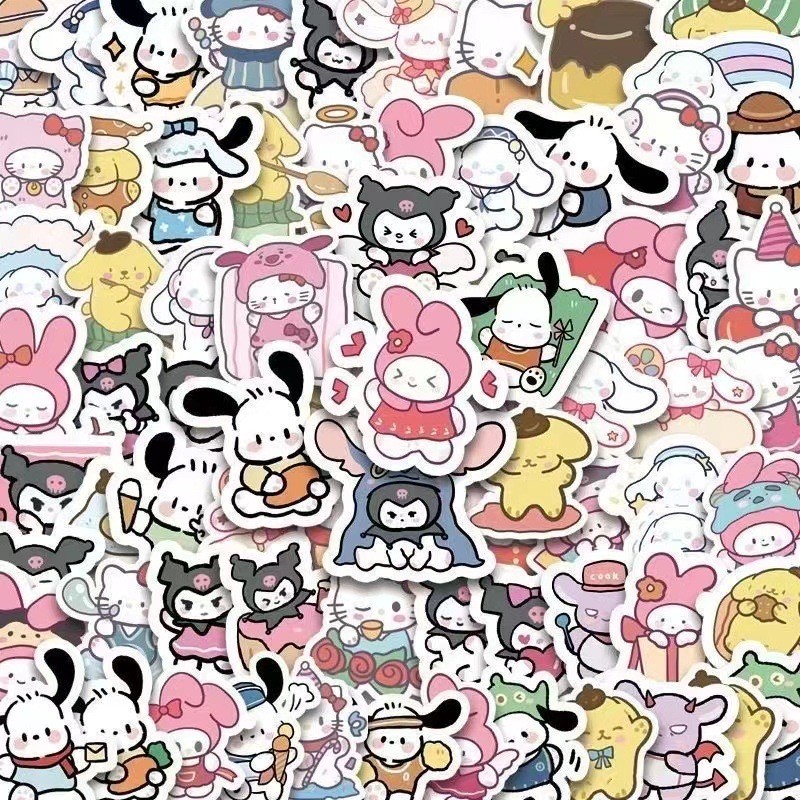 

Hand-painted Sanrio Stickers 100pcs Cartoon Cute Notebook Ledger Decoration Stickers Kuromi Cinnamoroll Cross Dressing Stickers