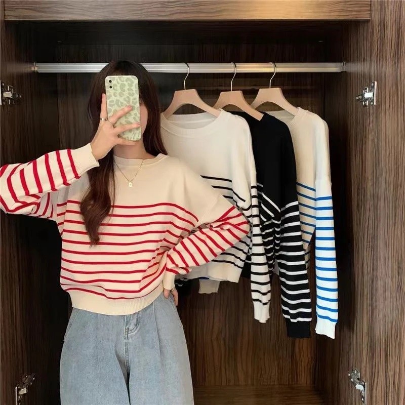 MF YORA SWEATER RAJUT STRIPE GARIS KECIL /Basic Stripes Sweater/ Atasan Rajut Basic Stripes Oneck Bl