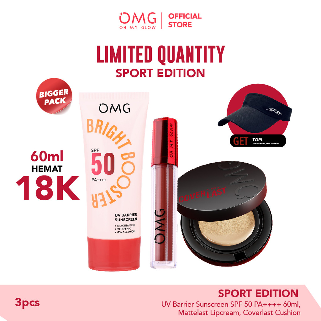 [GRATIS TOPI] OMG OH MY GLOW  SPORT KIT - UV Barrier Sunscreen SPF 50 PA++++  60 ml, Coverlast Cushi