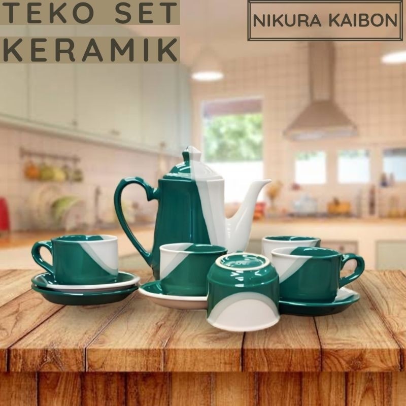 TEKO SET KERAMIK | TEA SET KERAMIK TWOTONE / POLOS (isi 5 cangkir, 5 lepek, 1 teko tutup)