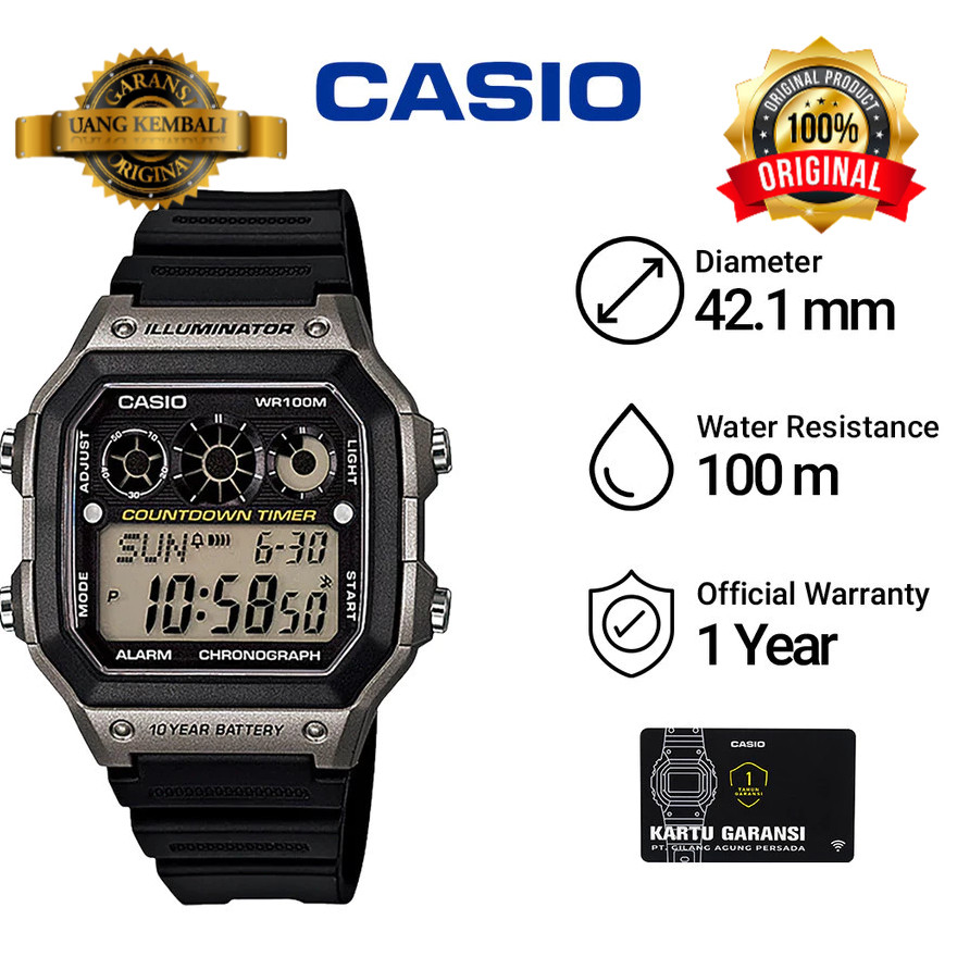 Original Jam Tangan Pria Garansi Resmi Casio General Digital Canvas Hijau Army AE-1200WHB AE-1300WH 