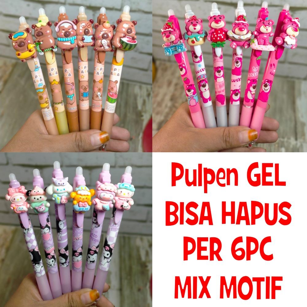 

- 6pc- Pulpen Pen cetek klik bisa hapus kuromi Sanrio capybara lotso mekanik lucu unik murah