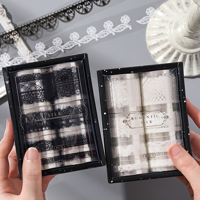 

[Gongjin] Set Washi Tape Romantic Silk Lace Sticker Stiker Roll PET Renda Hitam Putih
