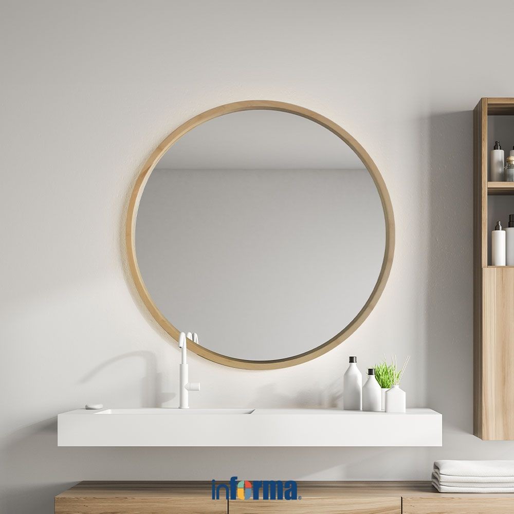 Informa 60X60 cm Cermin Dinding Wooden Round Wall Mirror Kaca Dinding Dekorasi Rumah Cafe Resto Hote