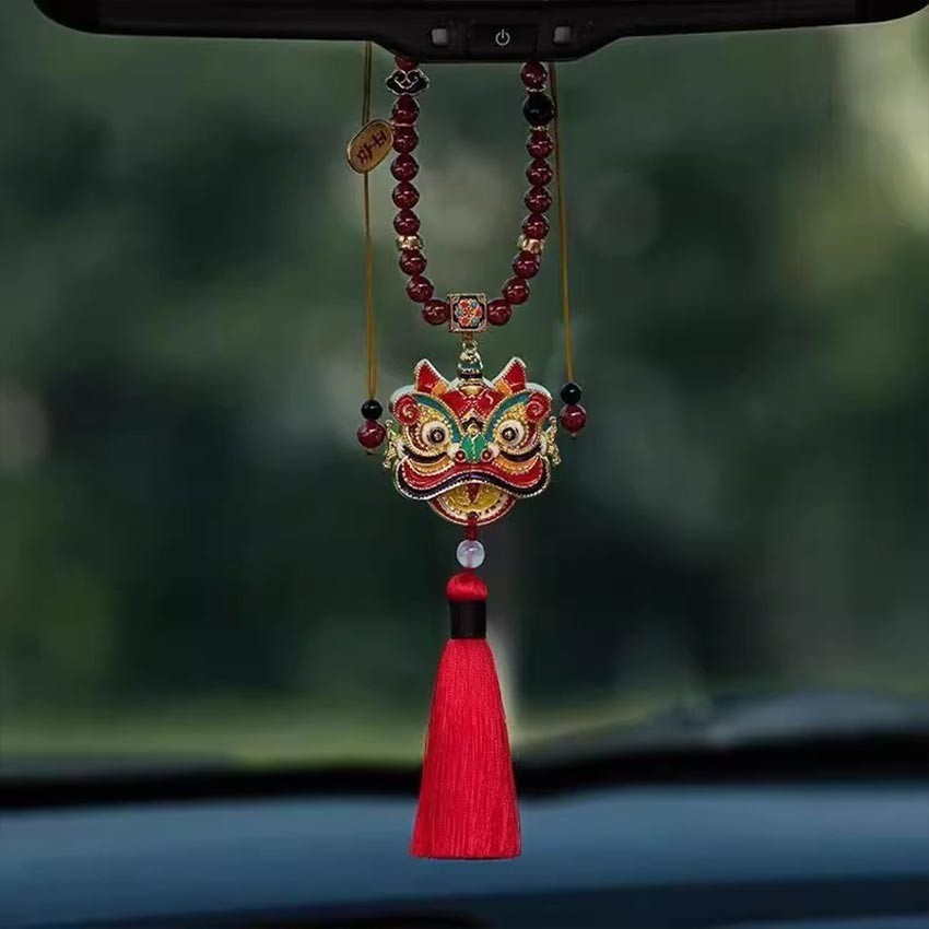 Gantungan Spion Mobil Barongsai Liontin Mobil Dengan Rumbai Gelang Zhusha Premium Keamanan Pejalanan