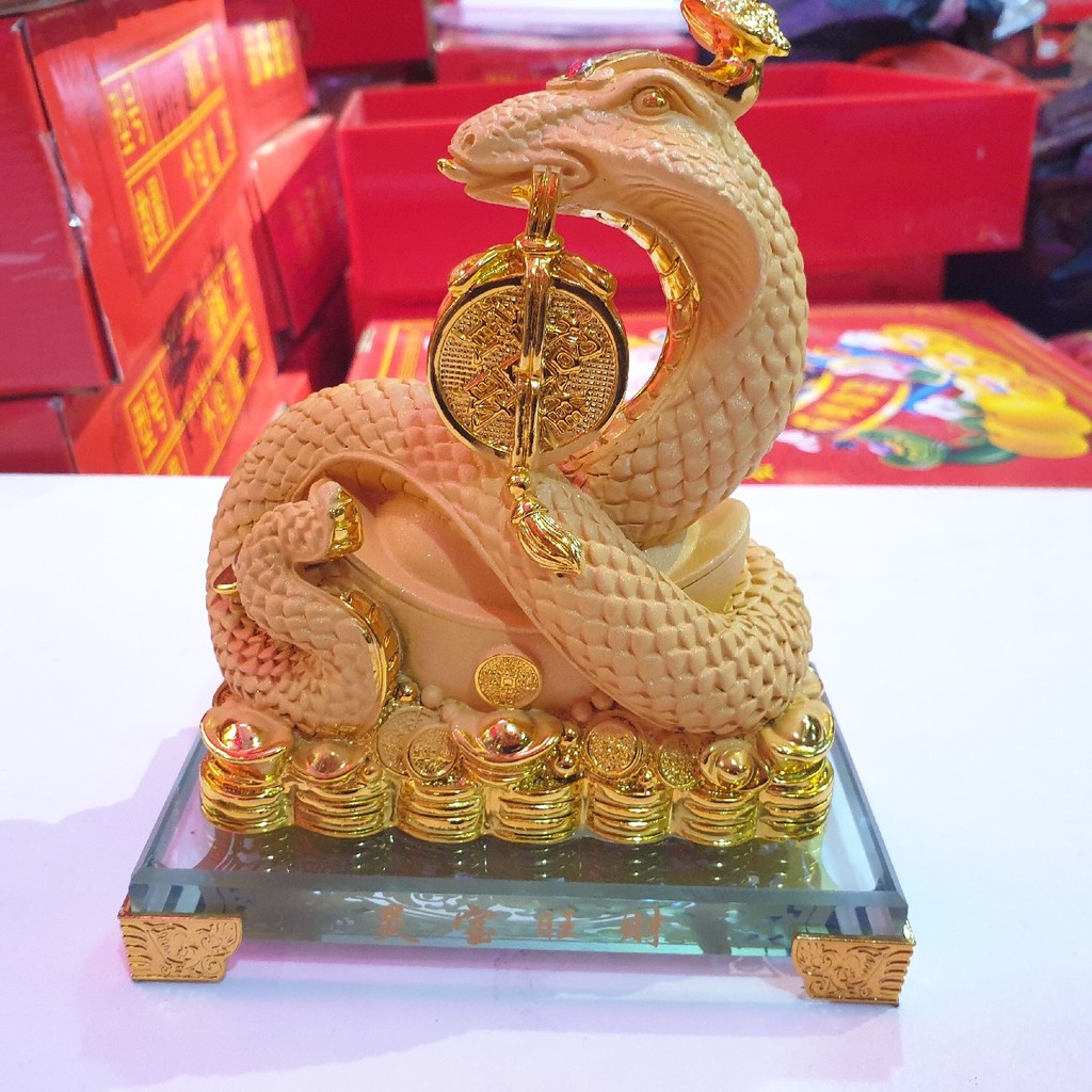 Patung Ular Kobra Rejeki Shio Emas Gold 15 Cm Kaca Resin Pajangan Meja
