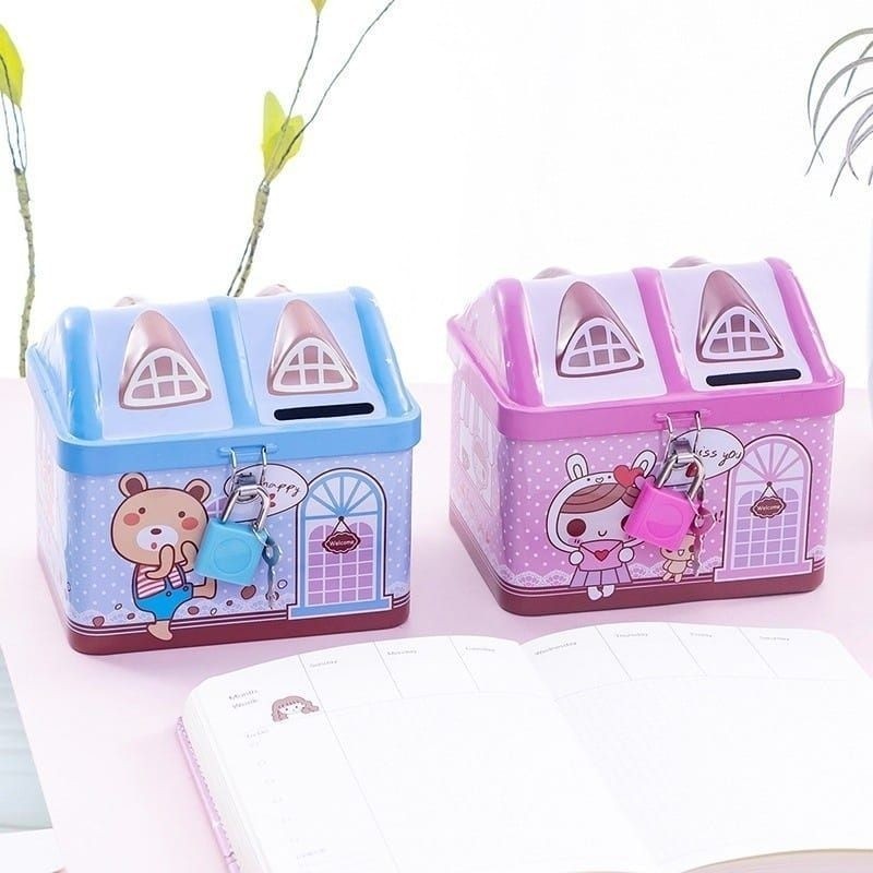 QM - CELENGAN KALENG Kunci Gembok SAVING BOX TEMPAT PENYIMPANAN UANG MOTIF RUMAH Tabungan Anak