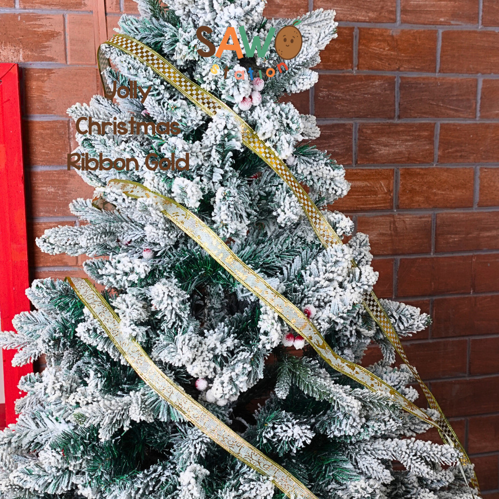 

[1 Roll / 3 Yard] 2.5cm Gold Jolly Christmas Decorative Ribbon Red Green Plaid Design Holiday Decor Gift Wrapping Pita Natal Xmas Hiasan Pohon Motif Hampers Kado