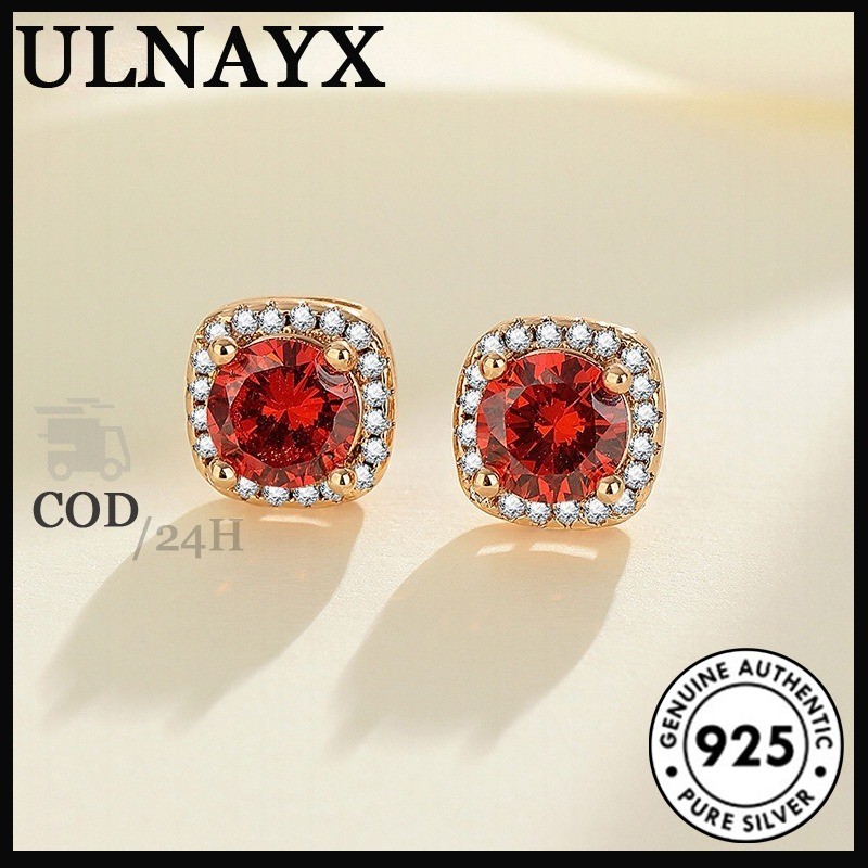 Anting Persegi Emas Sampanye Merah Delima Anting Wanita Retro Kelas Atas Serbaguna Modis