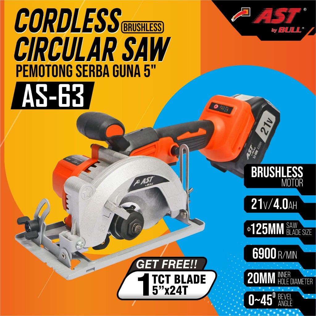BINDESA_ - AST CORDLESS CIRCULAR SAW BRUSHLESS 5 INCH AS-63 MESIN GERGAJI POTONG KAYU BATERAI