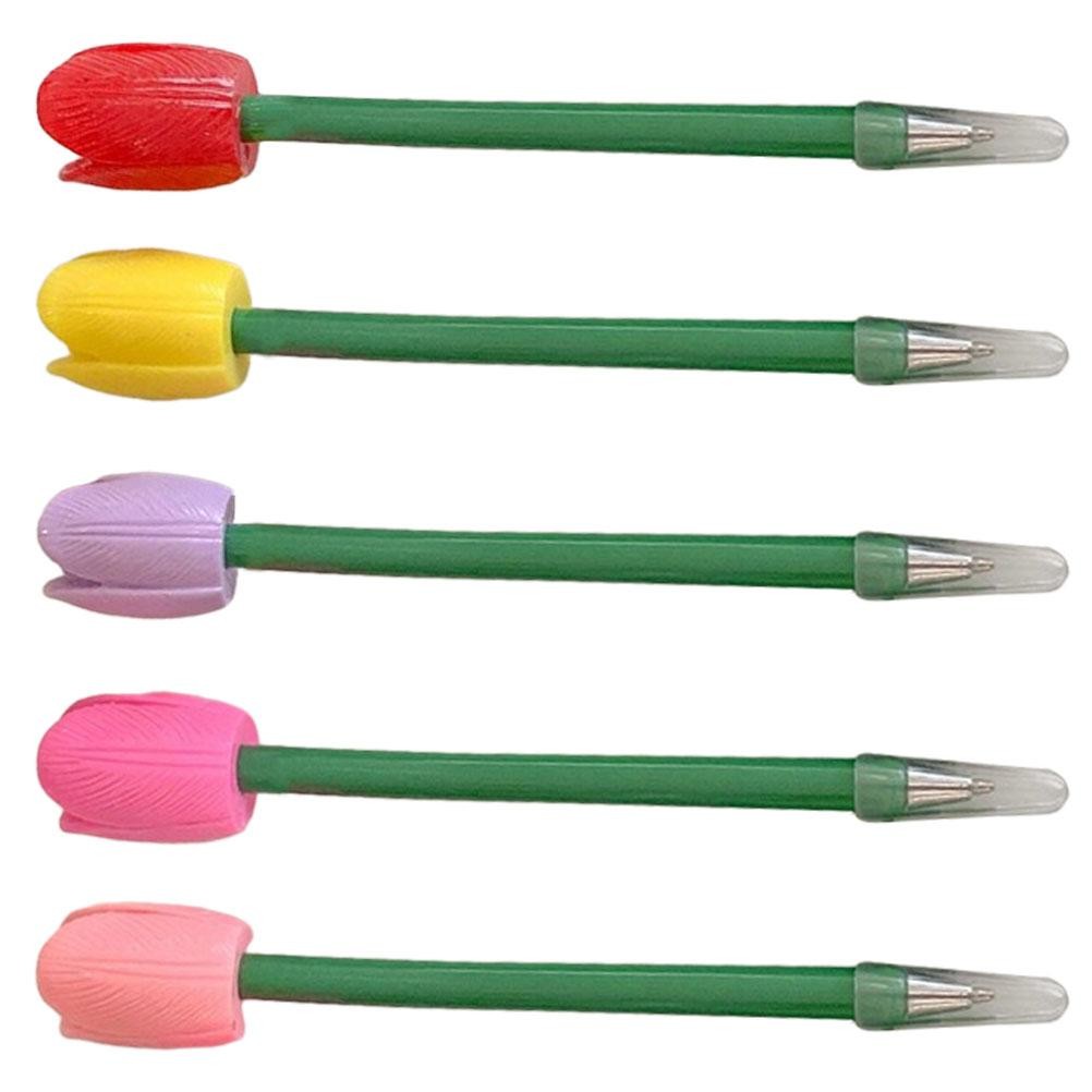 

5 Pcs Simulated Tulip Ballpoint Pens Black Floral Student Writing Stationery Fine Tip Gel Plastic Durability Adorable Flower