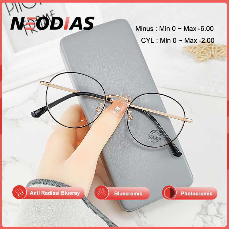 NeoDias Kacamata Bulat Photocromic Minus Anti Radiasi Wanita Pria 2 in 1 Korea Simple Kacamata bulat