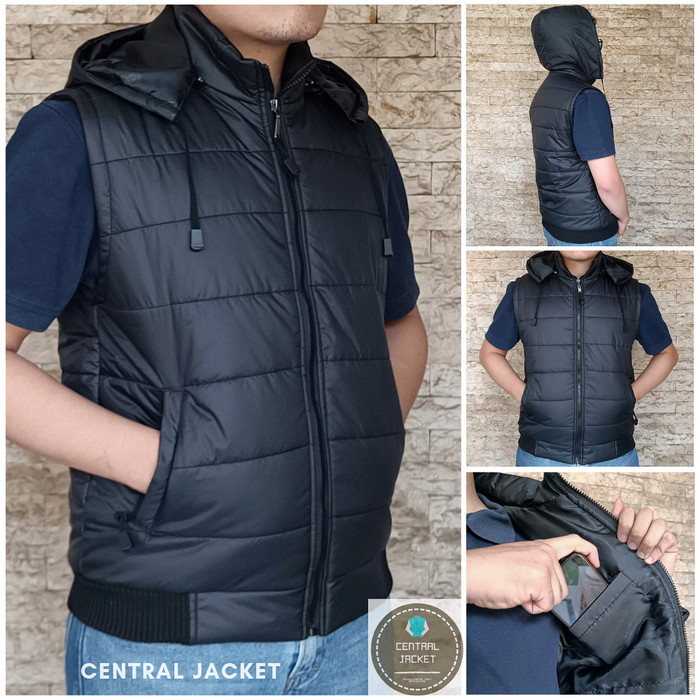 JAKET ROMPI PARASUT PRIA - VEST HOODIE - ROMPI MOTOR WINDPROOF - Hitam Rib Polos, XXXL