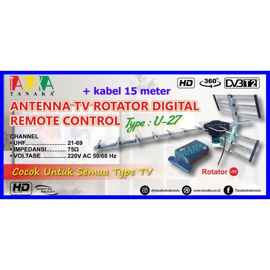 MURAH Antena Tv Digital TANAKA UHF U-27 U27 U 27 Cable 15 Meter FULL BESI