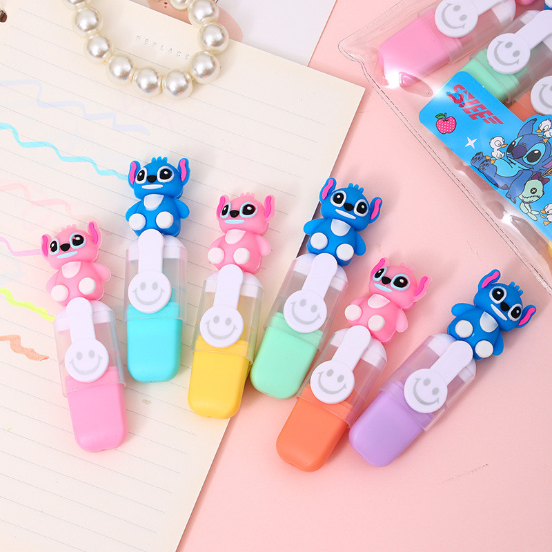 

Stitch 6pcs Highlighter Pen 6-color Disney Doll New Mini Cartoon Single Inclined Student Stationery Hand Account Birthday Gift