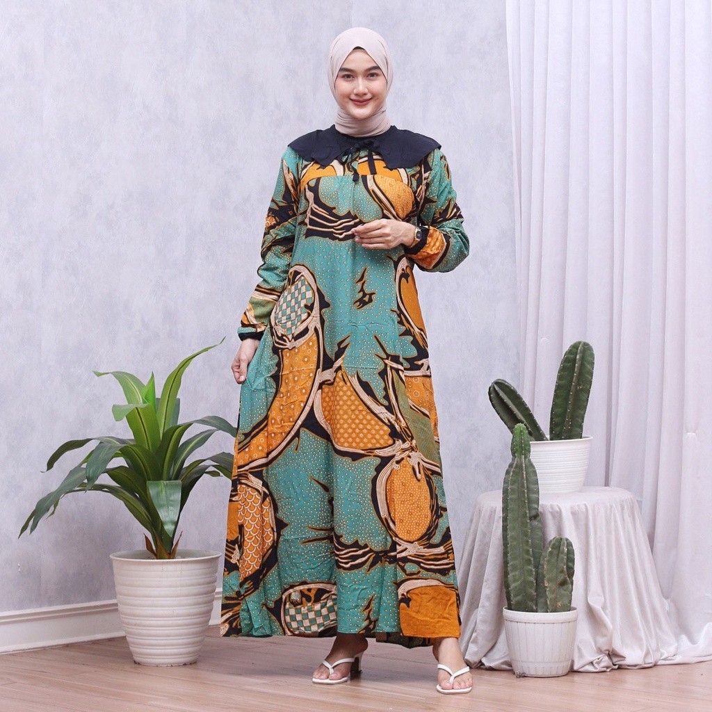 NANTARSHOP maxi dress terbaru gamis batik kekinian daster batik laseman busui friendly  lengan panja