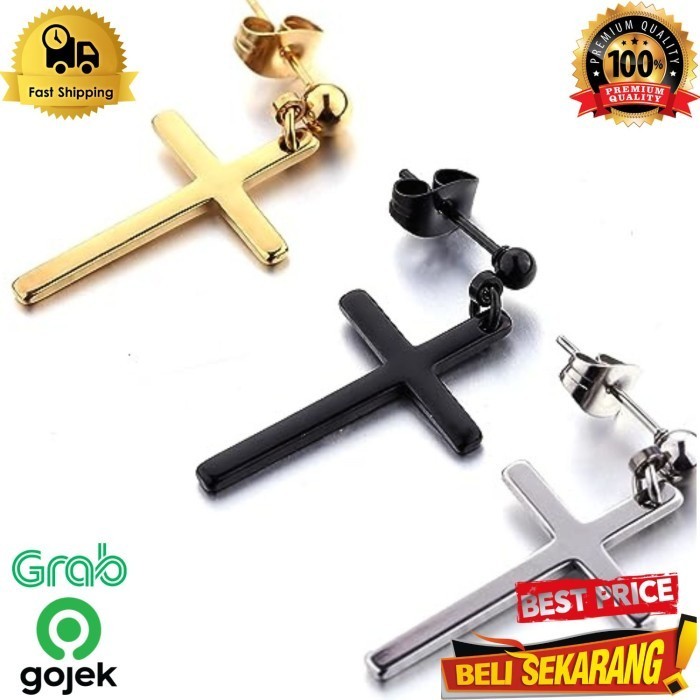 Anting tindik salib gantung anti karat korea kpop titanium keren / anting salib / anting pria / anti